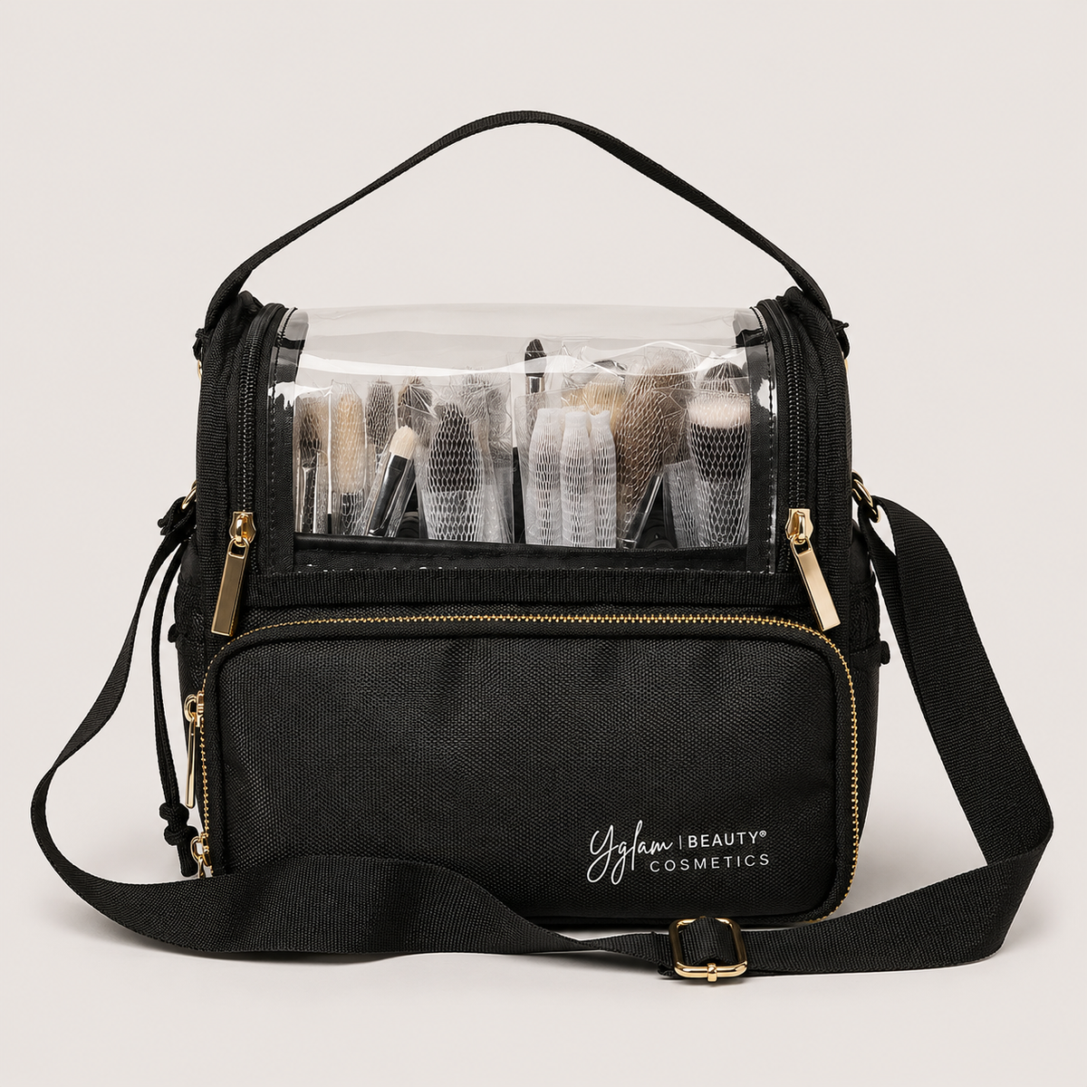 Large Black Brush Bag by By Yglam Beauty with clear front panel showing organized makeup brushes inside